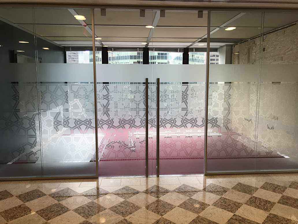 patterned decorative window film on lobby entrance